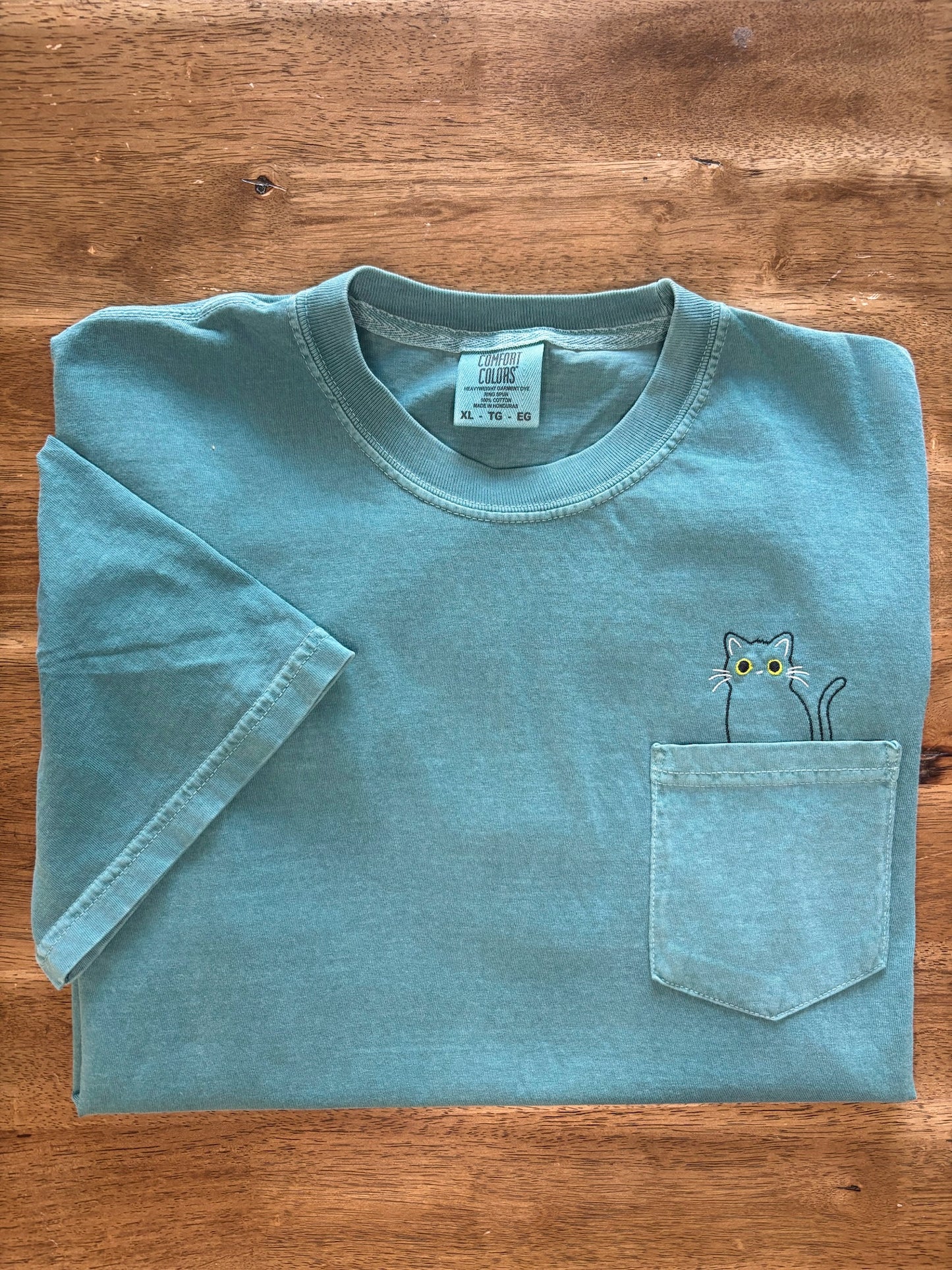 Cat Embroidered Pocket Animal T-shirt