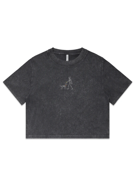 Skelly Dog Embroidered Crop T-Shirt (Womens)