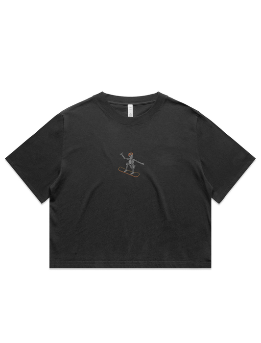 Snowboard Skelly Embroidered Crop T-Shirt (Womens)