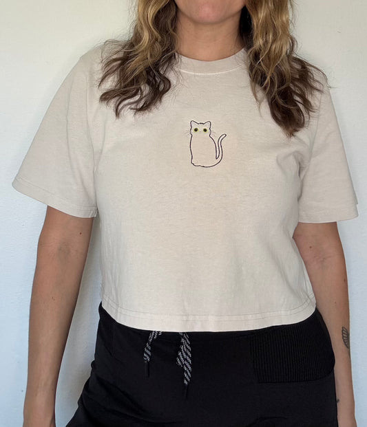Cat Embroidered Crop T-Shirt (Womens)