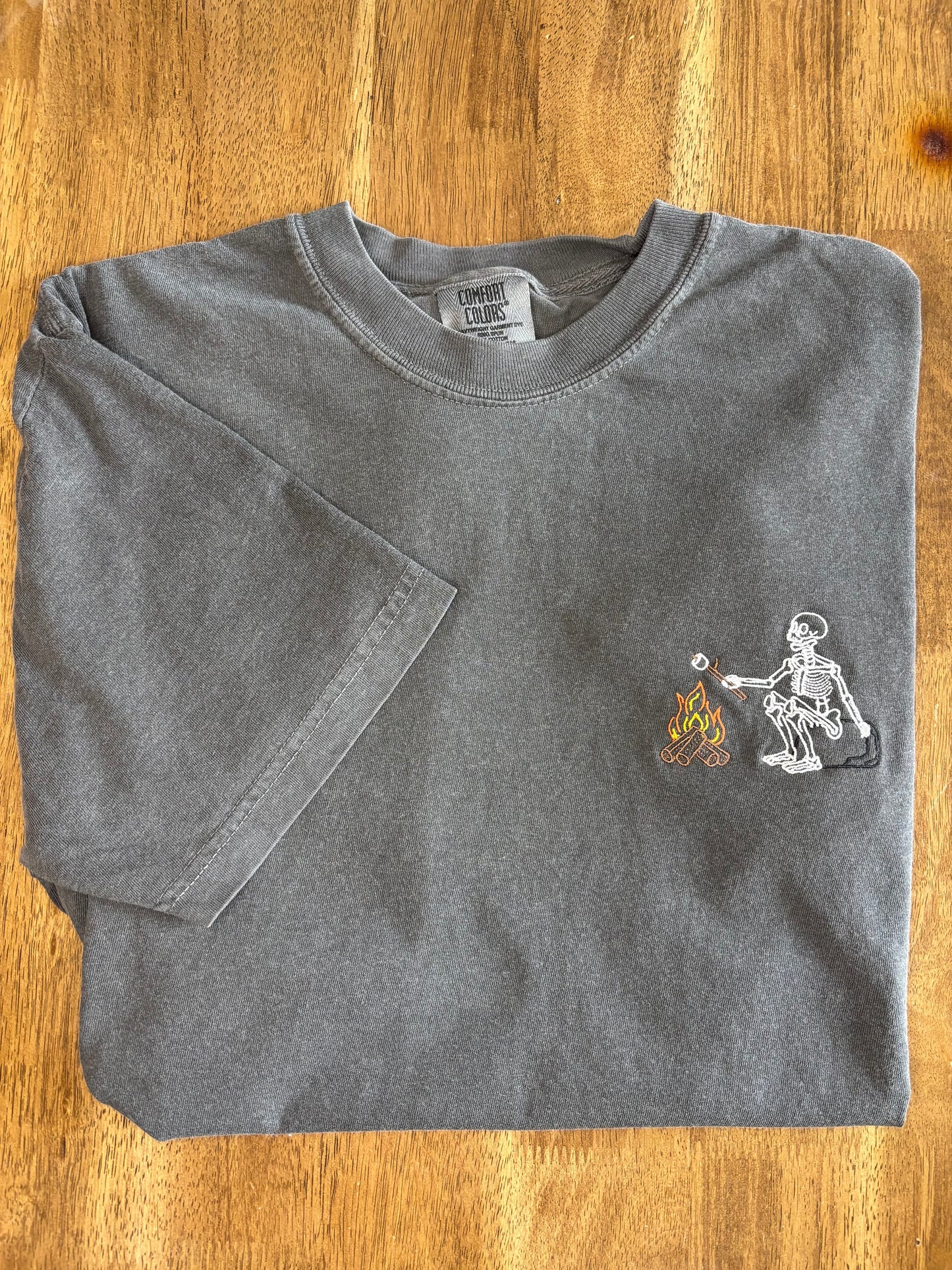 Smores Skelly October Mystery Design Embroidered T-Shirt