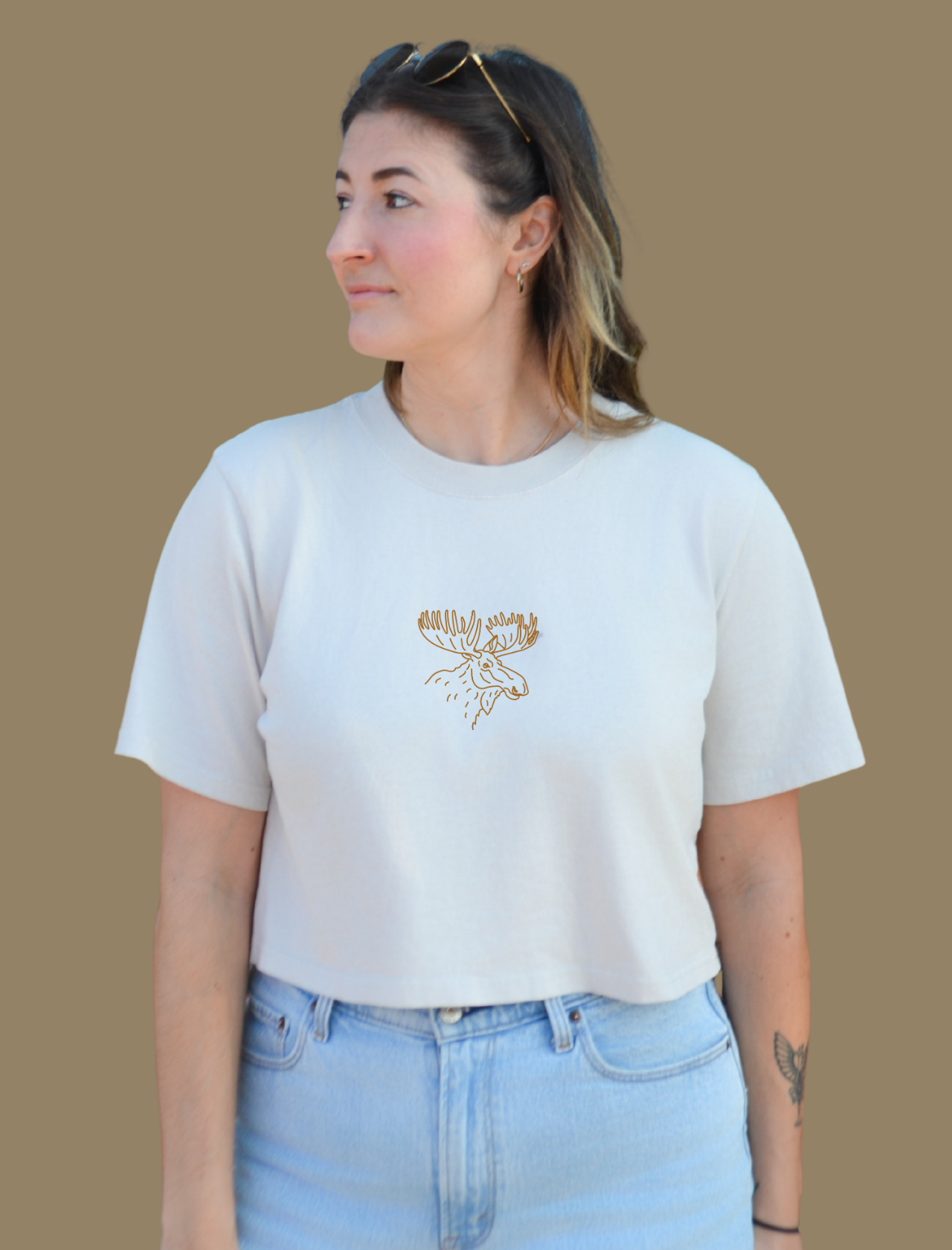 Moose Embroidered Crop T-Shirt (Womens)