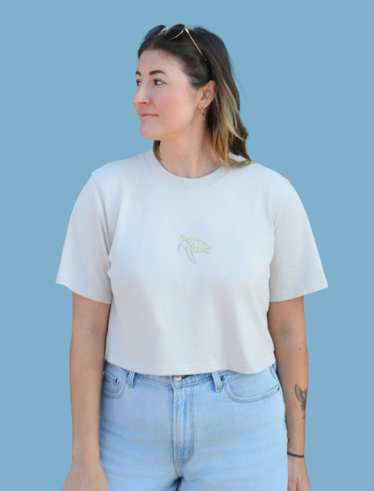 Sea Turtle Embroidered Crop T-Shirt (Womens)