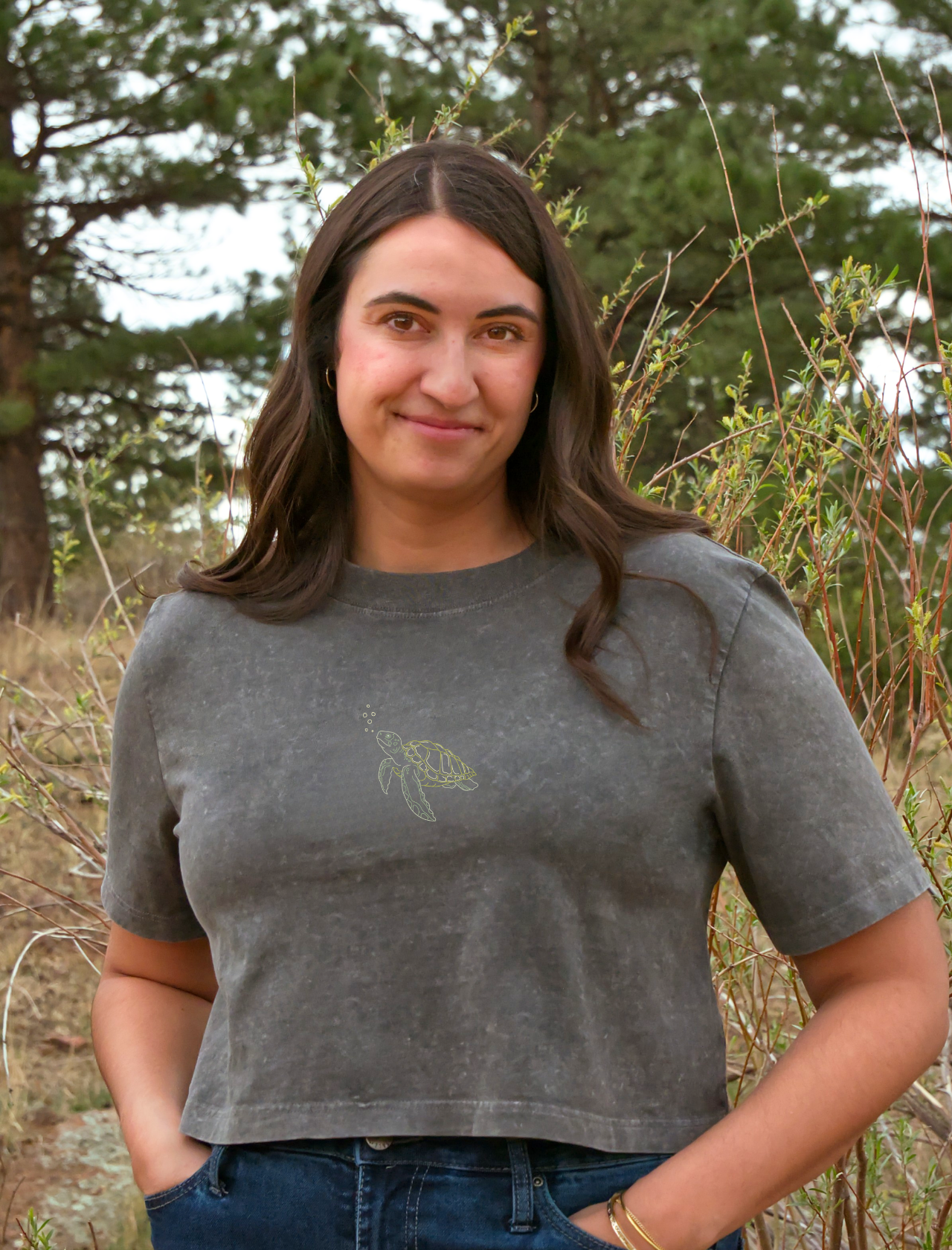 Sea Turtle Embroidered Crop T-Shirt (Womens)