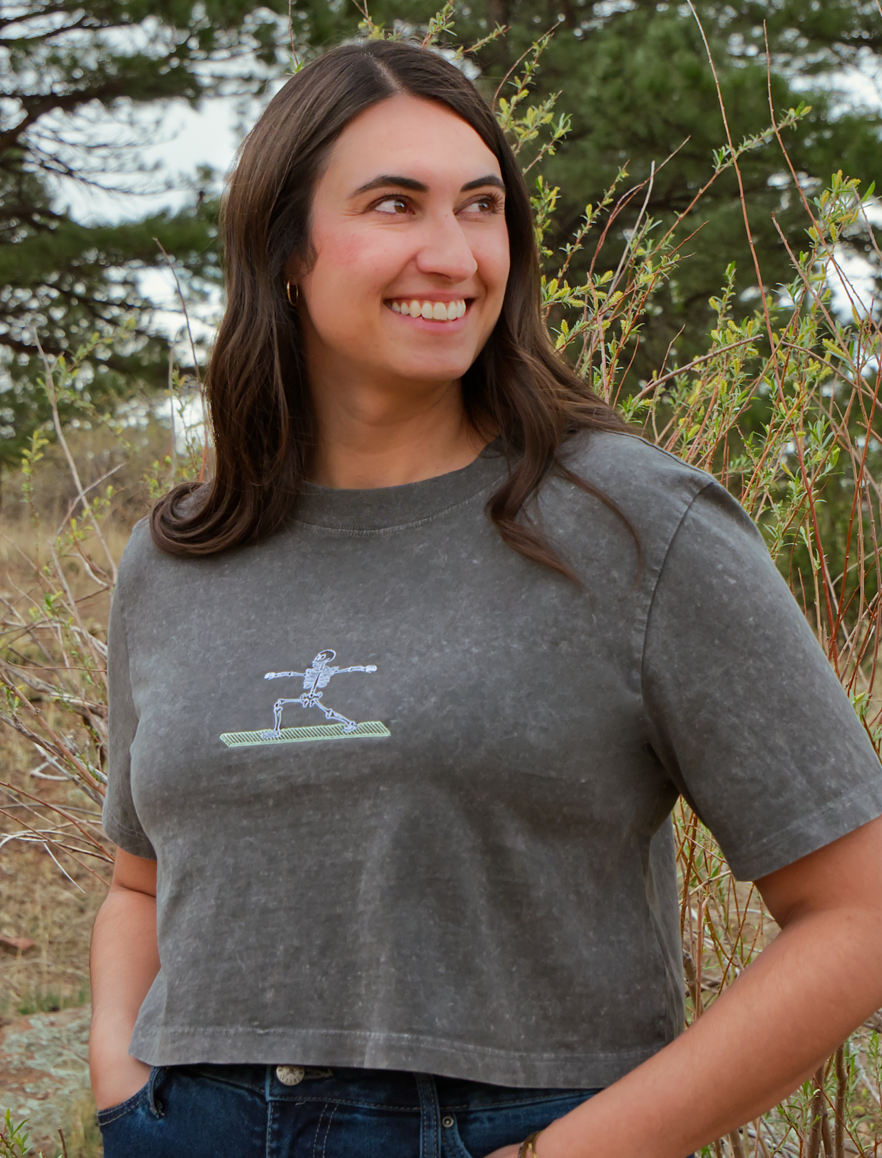 Yoga Skelly Embroidered Crop T-Shirt (Women's)