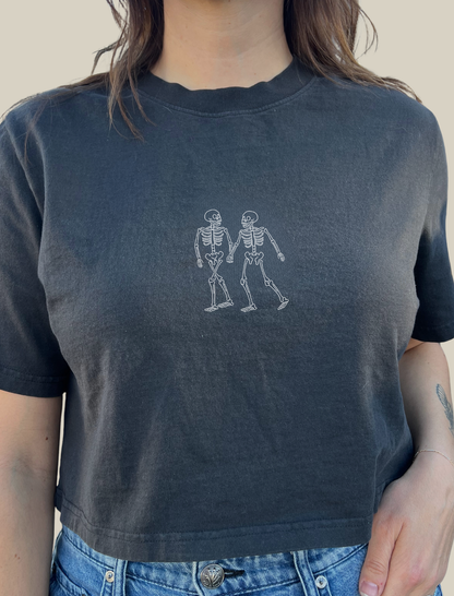 Lovers Skelly Embroidered Crop T-Shirt (Womens)