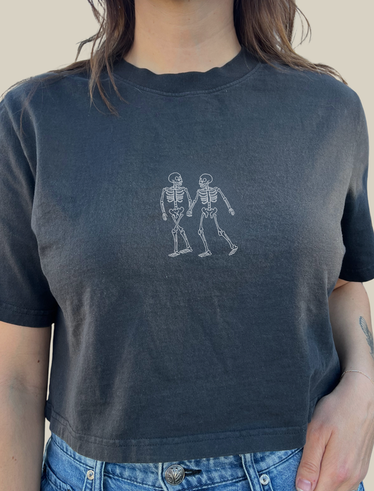 Lovers Skelly Embroidered Crop T-Shirt (Womens)