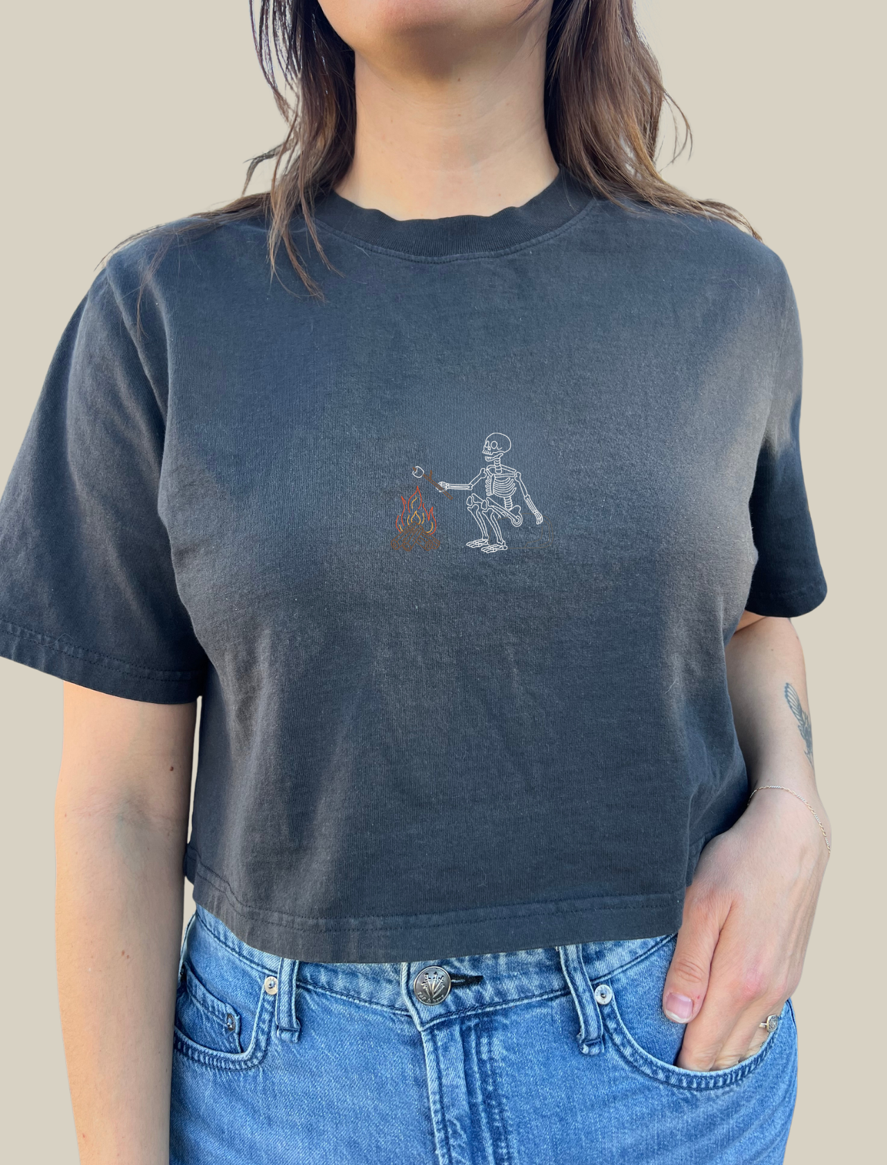 Smores Skelly Embroidered Crop T-Shirt (Womens)