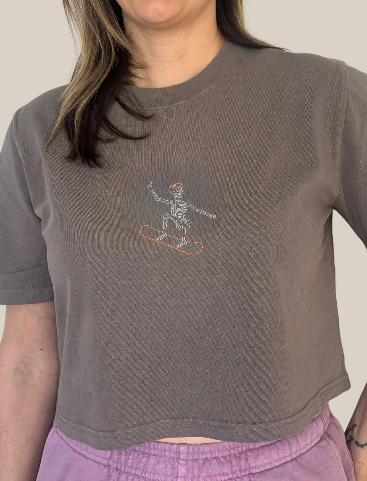 Snowboard Skelly Embroidered Crop T-Shirt (Womens)