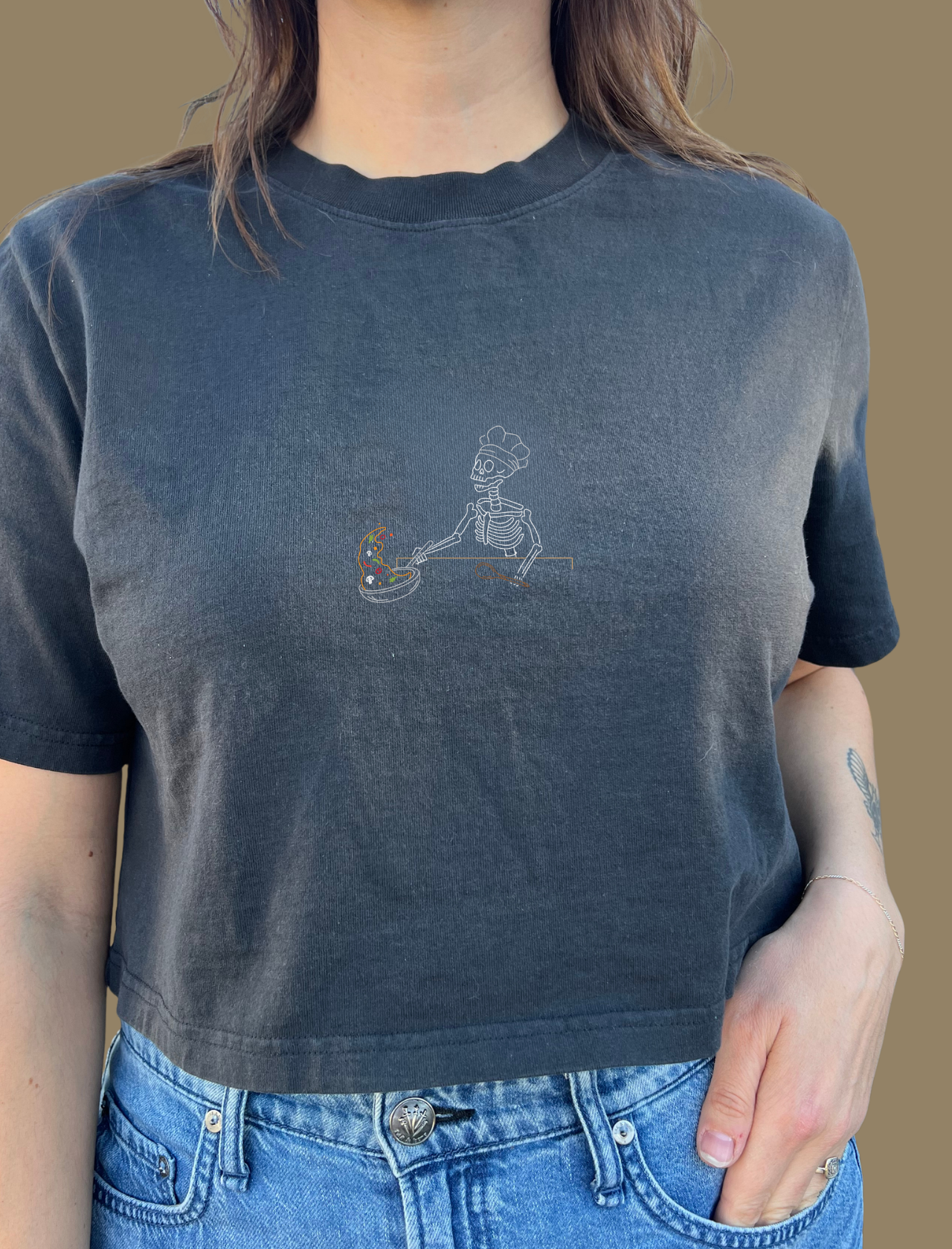 Chef Skelly Embroidered Crop T-Shirt (Womens)
