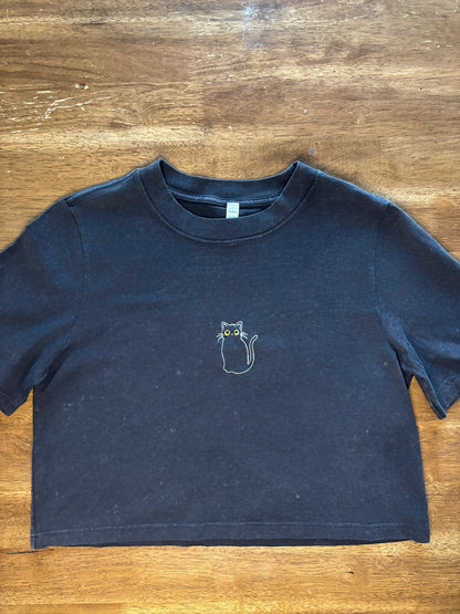 Cat Embroidered Crop T-Shirt (Womens)