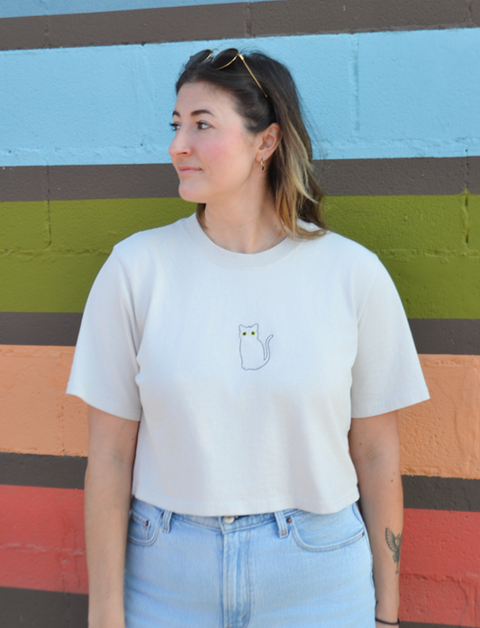 Cat Embroidered Crop T-Shirt (Womens)