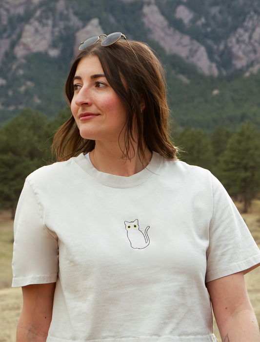 Cat Embroidered Crop T-Shirt (Womens)