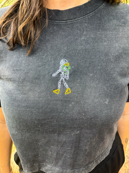 Hiking Skelly Embroidered Crop T-Shirt (Womens)