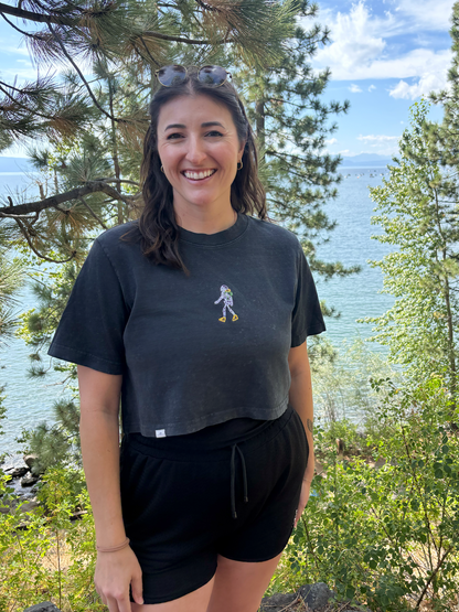Hiking Skelly Embroidered Crop T-Shirt (Womens)