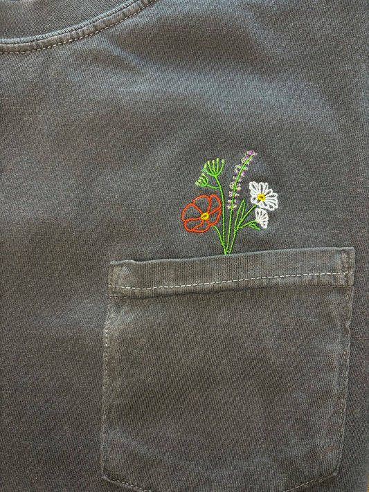 Flowers Embroidered Pocket T-Shirt